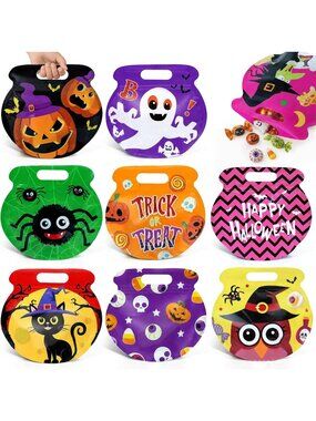 54 Pcs Halloween Treat Bags with Handles Pumpkin Witch Cauldron Halloween Goodie